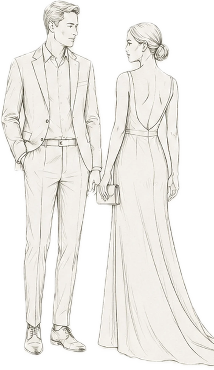 Casal em traje esporte fino, ele de terno e ela de vestido longo